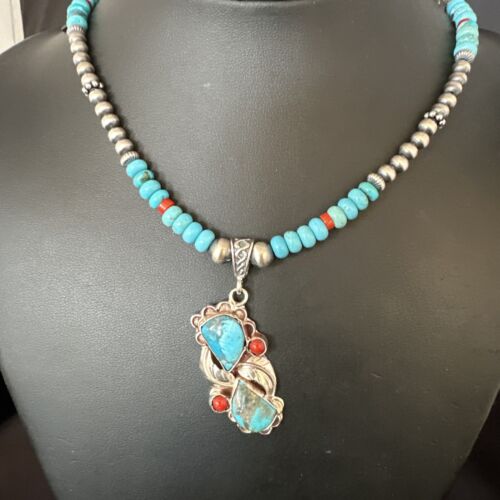 Navajo Blue Turquoise | Coral Pendant Necklace | Sterling Silver | Multi-Stone | 15256