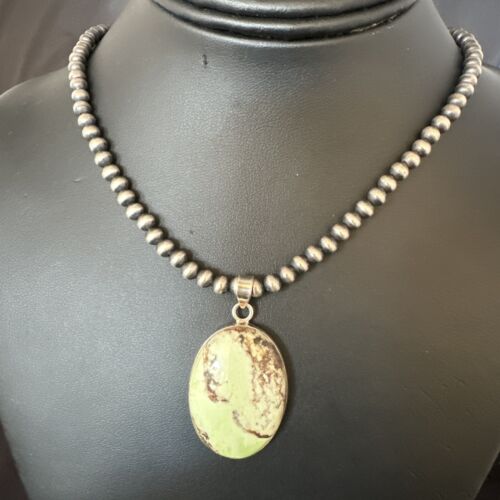 Navajo Green Gaspeite Pendant Necklace | Sterling Silver | Authentic Native American Handmade | 15489