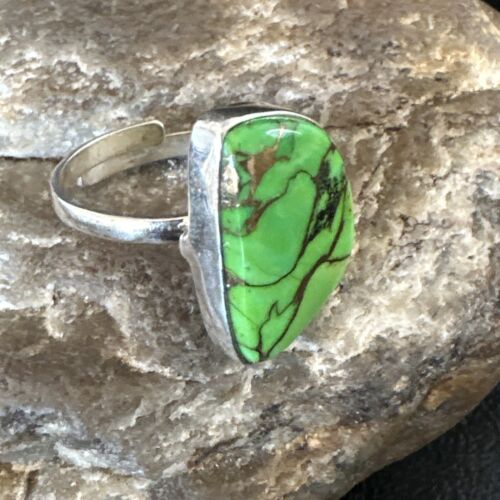 Navajo Green Mojave Turquoise Adjustable Ring | Sterling Silver | Sz 9 | Authentic Native American Handmade | 15928