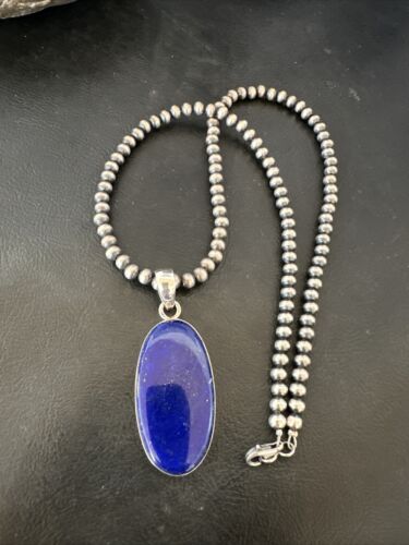 Navajo Blue Lapis Pendant with Pearls | Sterling Silver Necklace | 20" | Authentic Native American Handmade | 16668 - Masha USA