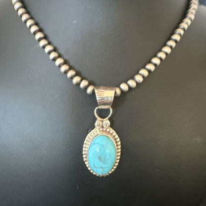 Navajo Pearls Kingman Turquoise Pendant Necklace | Sterling Silver | Authentic Native American Handmade | 17134