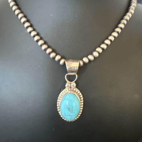 Navajo Pearls Kingman Turquoise Pendant Necklace | Sterling Silver | Authentic Native American Handmade | 17134