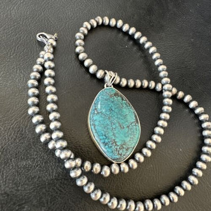 Men's Navajo Blue Spiderweb Turquoise Pendant Necklace | Sterling Silver | Authentic Native American Handmade | 16271