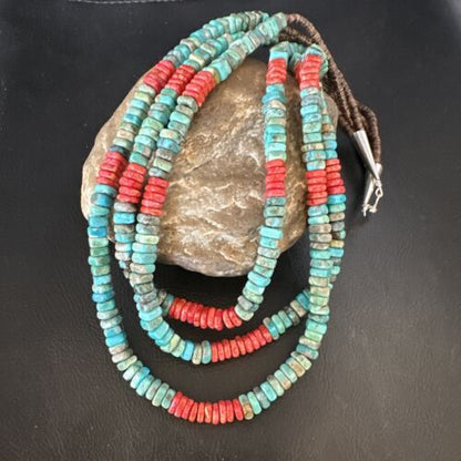 Women's Turquoise Spiny Oyster 3-Strand Necklace | Navajo Pearl Sterling Silver | 15157