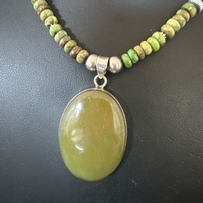 Navajo Green Turquoise Pendant Necklace | Sterling Silver | Authentic Native American Handmade | 16918