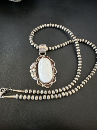 Navajo White Buffalo Turquoise Pendant Necklace | Sterling Silver | Authentic Native American Handmade | 15615