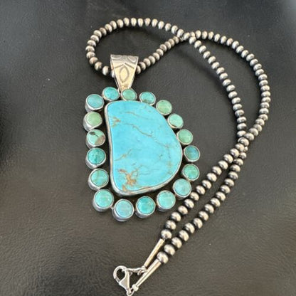 Navajo XL Blue Kingman Turquoise Cluster Pendant Necklace | Sterling Silver | Native American Handmade | 16796