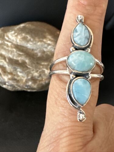 Navajo Blue Larimar Multi-Stone Cluster Ring | Authentic Native American Sterling Silver | Sz 8 | 16163