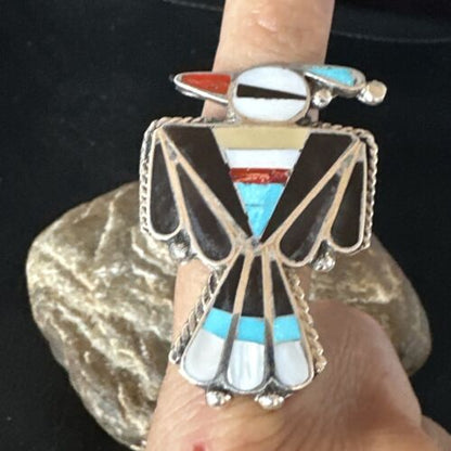 Zuni Turquoise Onyx Peyote Bird Inlay Ring | Sterling Silver | Sz 8 | 15391