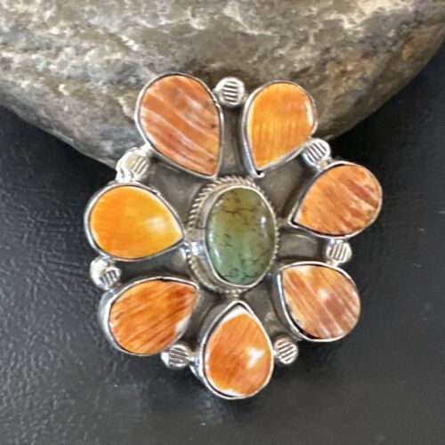 Navajo Green Turquoise Spiny Multi-Stone Cluster Ring | Authentic Native American Sterling Silver | Sz 10.5 | 16717 - Masha USA