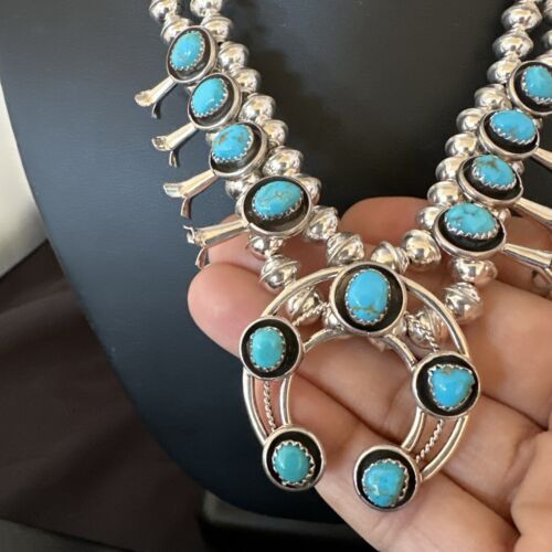 Navajo Kingman Turquoise Shadowbox Squash Blossom Necklace | Sterling Silver | 17" | 16111