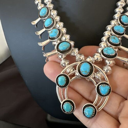 Navajo Kingman Turquoise Shadowbox Squash Blossom Necklace | Sterling Silver | 17" | 16111