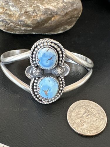 Navajo Blue Golden Hills Turquoise Cuff Bracelet | Sterling Silver | Authentic Native American Handmade | 16428 - Masha USA