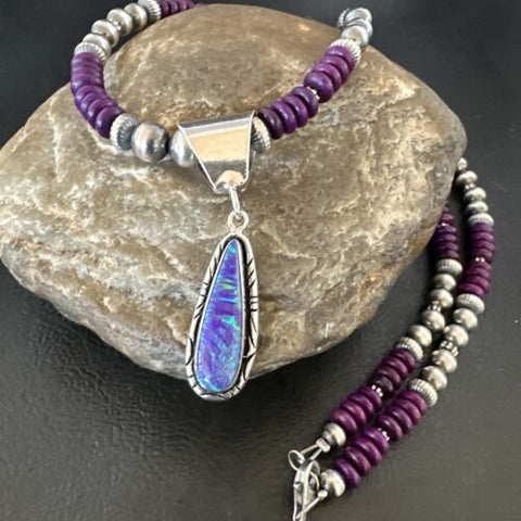 Faux Opal Pendant Navajo Purple Sugilite Beads Sterling Silver Necklace 16746