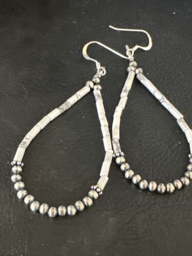 Navajo White Howlite Heishi Dangle Earrings | Sterling Silver | 2" | Authentic Native American Handmade | 15348
