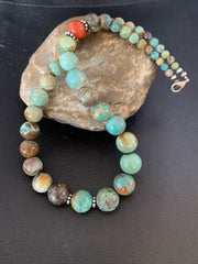 Navajo Green Turquoise & Apple Coral Graduated Necklace | Sterling Silver | Authentic Native American | 18" | 13208