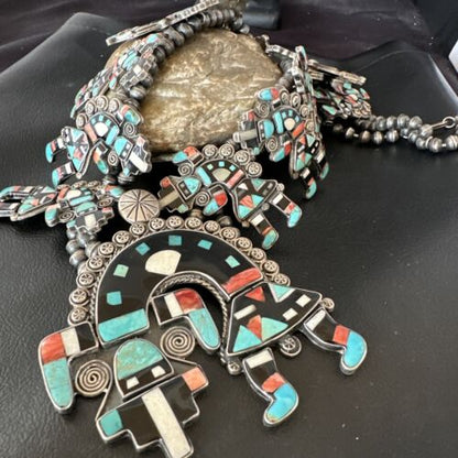XXL Turquoise Onyx Kokopelli Inlay Squash Blossom Necklace | Sterling Silver | 16177 - Masha USA