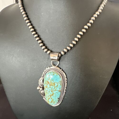 Navajo Blue Turquoise #8 Pendant Necklace | Sterling Silver Pearls | Authentic Native American Handmade | 15905