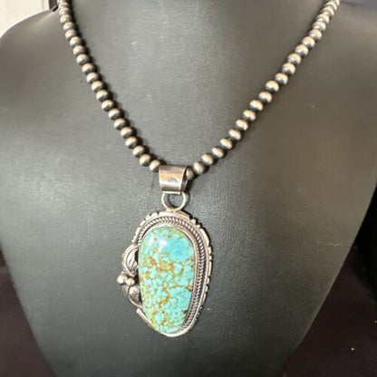 Navajo Blue Turquoise #8 Pendant Necklace | Sterling Silver Pearls | Authentic Native American Handmade | 15905