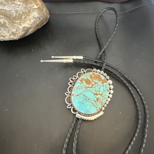 XL Men's Blue Turquoise #8 Bolo Tie | Navajo Sterling Silver | Authentic Native American Handmade | 17006