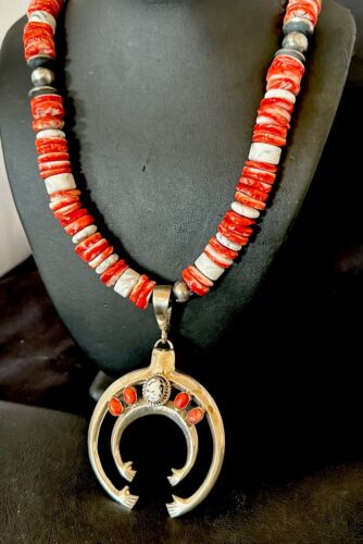 Navajo White Buffalo Spiny Oyster Naja Pendant Necklace | Sterling Silver | 25" | Authentic Native American Handmade | 17421