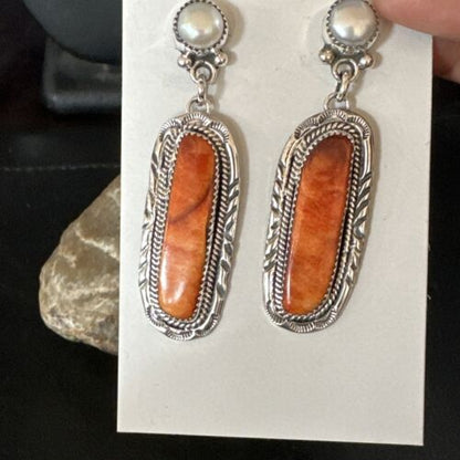 Navajo Red Spiny Oyster Pearl Dangle Earrings | Sterling Silver | Authentic Native American Handmade | 15325
