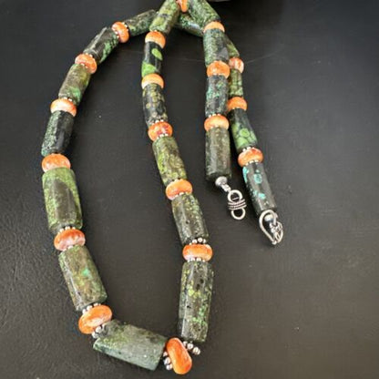 Navajo Green Turquoise and Spiny Oyster Necklace | Sterling Silver | Authentic Native American Handmade | 24" | 14986