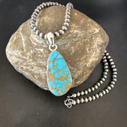 Navajo Blue Kingman Turquoise Pendant Necklace | Sterling Silver Pearls | 20" | Authentic Native American Handmade | 16673