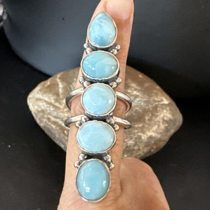 Navajo Blue Larimar Multi-Stone Ring | Authentic Native American Sterling Silver | Multi-Stone | Sz 8.5 | 15933
