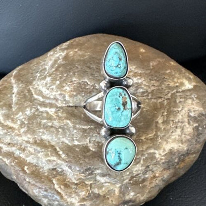Navajo Blue Turquoise Multi-Stone Cluster Ring | Authentic Native American Sterling Silver | Sz 7.5 | 17842
