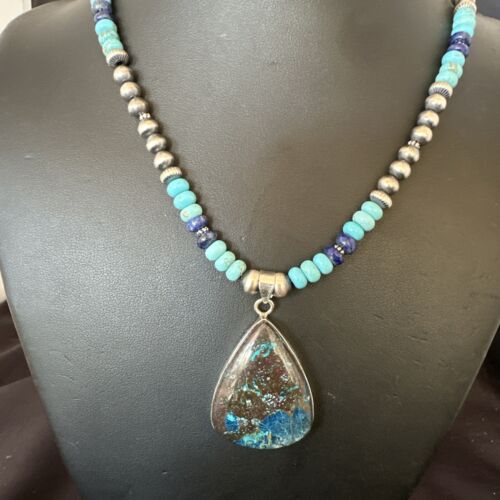 Blue Turquoise Jasper Pendant | Lapis Navajo Pearls | Sterling Silver Necklace 16927