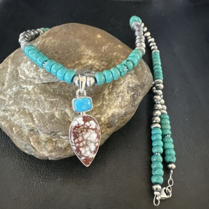 Navajo Wild Horse | Blue Kingman Turquoise Pendant Necklace | Sterling Silver | Native American Handmade | 17578