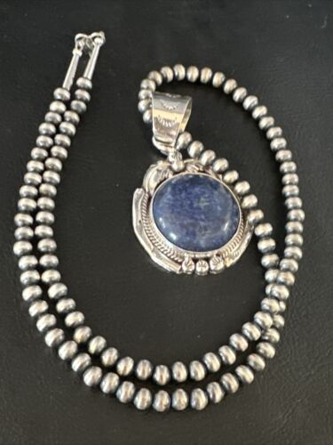 Men's Denim Lapis Lazuli Pendant Necklace | Navajo Beads | Sterling Silver | Authentic Native American Handmade | 14884