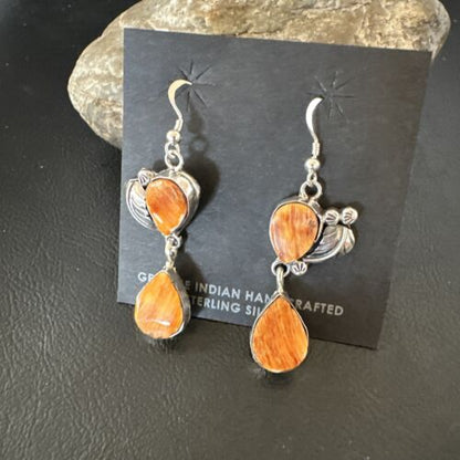 Navajo Orange Spiny Oyster Dangle Earrings | Sterling Silver | 1.5" | Authentic Native American Handmade | 16566