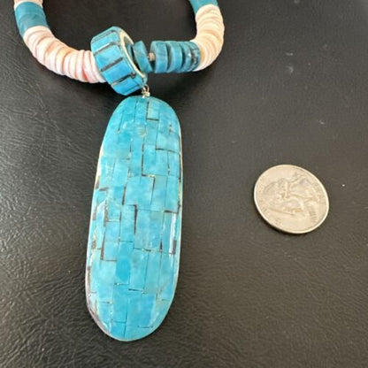 Santo Domingo Turquoise Spiny Oyster Inlay Pendant Necklace | Sterling Silver | 22" | 17437
