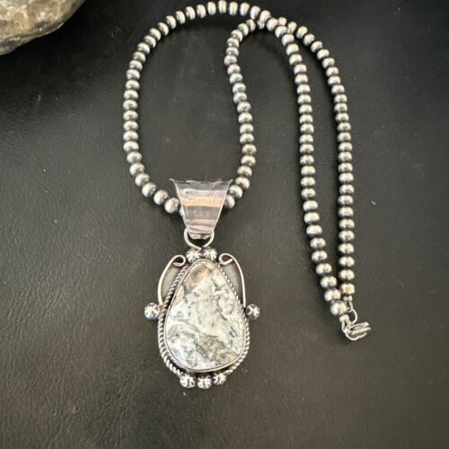 Navajo White Buffalo Turquoise Pendant | Pearl Sterling Silver Necklace | Authentic Native American Handmade | 17043