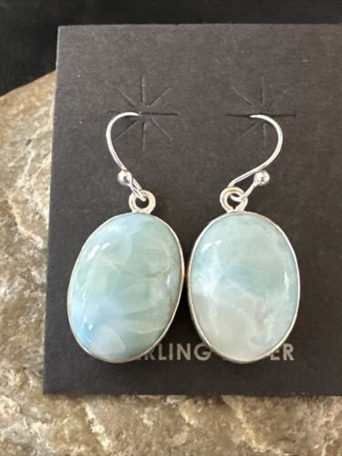 Navajo Blue Larimar Dangle Earrings | Sterling Silver | Authentic Native American Handmade | 17297