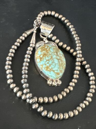 Navajo Pearls Sterling Silver Necklace Pendant | Blue Turquoise #8 | Authentic Native American Handmade | 14856