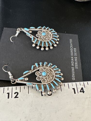 Zuni Kingman Turquoise Needle Point Dangle Earrings | Sterling Silver | Authentic Native American Handmade | 14876