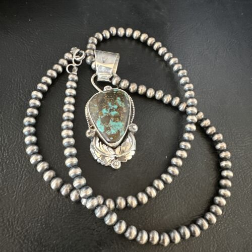 Blue Spiderweb Turquoise Pendant | Navajo Pearls Sterling Silver Necklace 21" | 15097