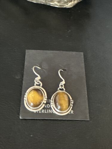 Navajo Coffee Tiger's Eye Dangle Earrings | Sterling Silver | Authentic Native American Handmade | 14920
