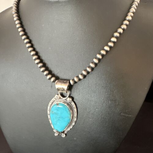 Navajo Blue Turquoise Pendant Necklace | Sterling Silver Pearls | Authentic Native American Handmade | 15645