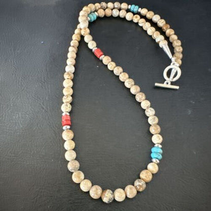 Navajo Turquoise Coral Picture Jasper Necklace | Sterling Silver | 20" | Authentic Native American Handmade | 17608