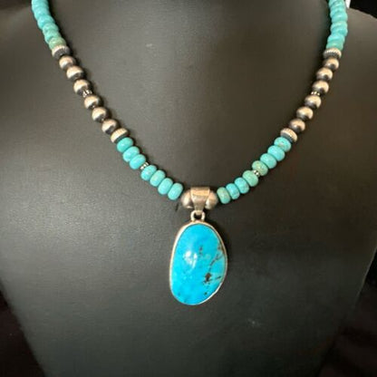 Navajo Blue Kingman Turquoise Pendant Necklace | Sterling Silver | 21" | Authentic Native American Handmade | 17087