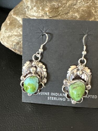 Navajo Green Sonoran Gold Turquoise Dangle Earrings | Sterling Silver | Authentic Native American Handmade | 14915