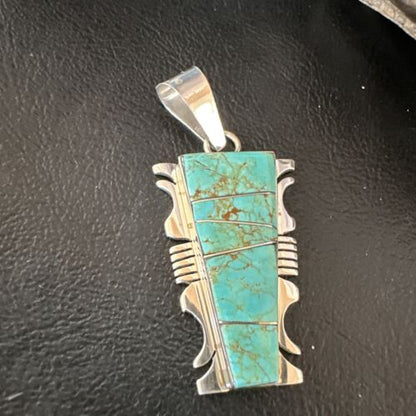 Navajo Blue #8 Turquoise Inlay Pendant | Sterling Silver | 2" | Authentic Native American Handmade | 15685