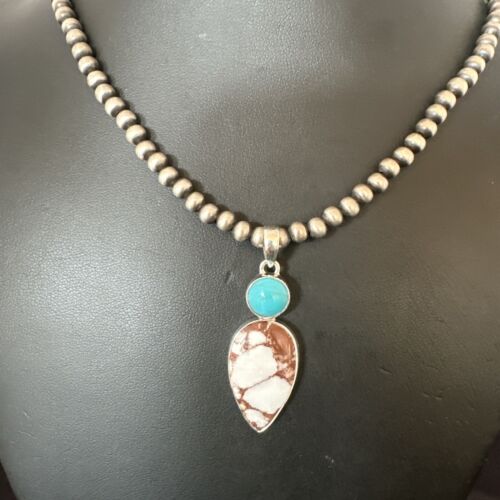 Navajo Wild Horse Blue Kingman Turquoise Necklace | Sterling Silver | Authentic Native American Handmade | 17318
