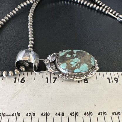 Men's Blue #8 Turquoise Pendant Necklace | Navajo Sterling Silver | Authentic Native American Handmade | 14974