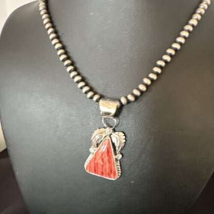 Navajo Red Spiny Oyster Pendant Necklace | Sterling Silver | Authentic Native American Handmade | 16149