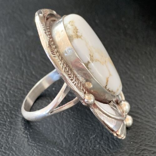Navajo White Buffalo Turquoise Ring | Sterling Silver | Sz 8 | Authentic Native American Handmade | 01961